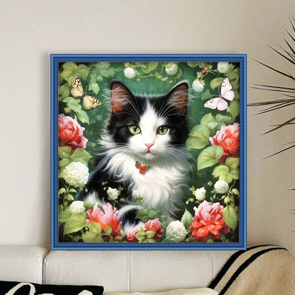 Flowers And Cat - Full 11CT Stamped Cross Stitch 50x50CM - Yishu