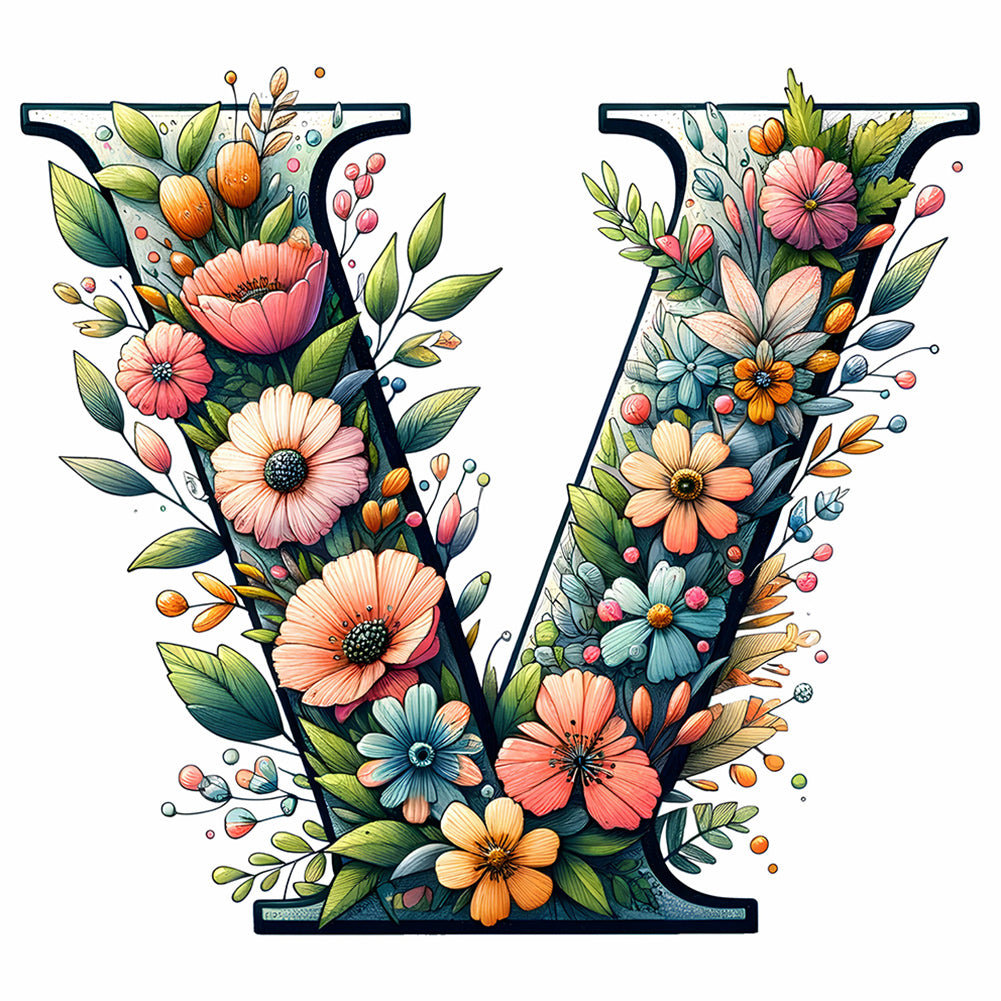 Flower Letter V 30*30CM(Canvas) Full Round Drill Diamond Painting