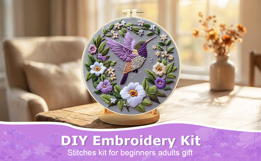 Flowers & Hummingbirds - DIY Embroidery Cross Stitch Kit with Pattern Cotton Threads Needles Hoop 30x30CM/11.81x11.81in