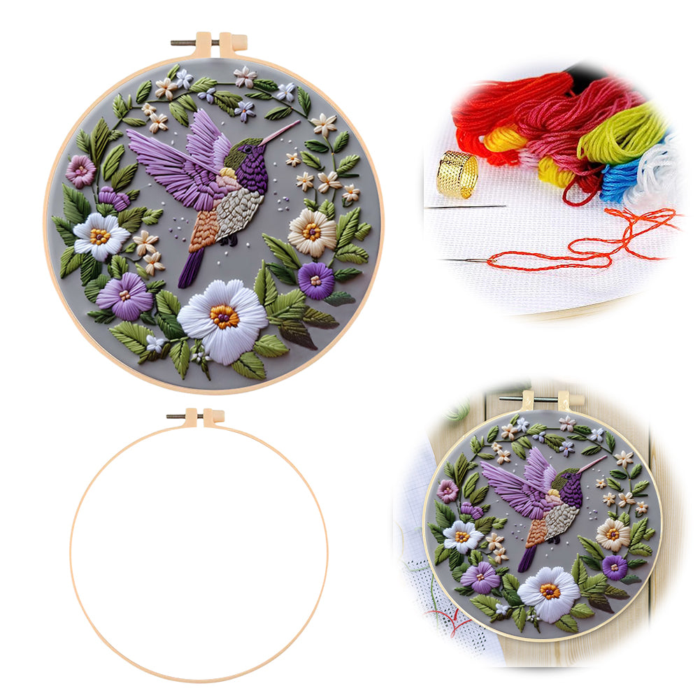 Flowers & Hummingbirds - DIY Embroidery Cross Stitch Kit with Pattern Cotton Threads Needles Hoop 30x30CM/11.81x11.81in