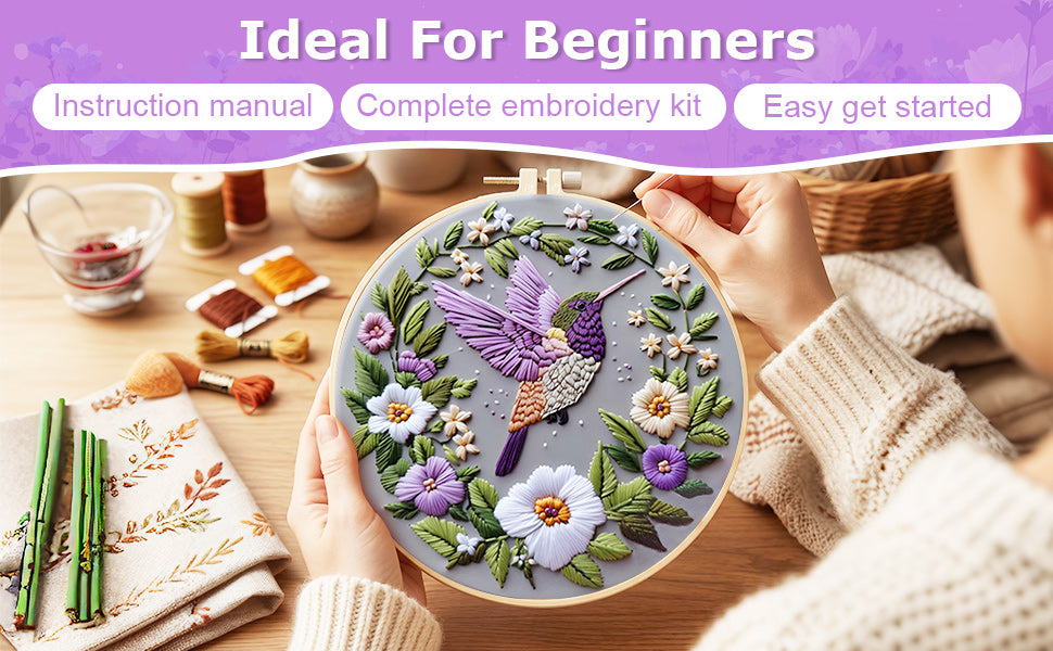 Flowers & Hummingbirds - DIY Embroidery Cross Stitch Kit with Pattern Cotton Threads Needles Hoop 30x30CM/11.81x11.81in