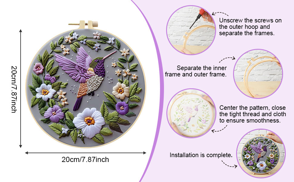 Flowers & Hummingbirds - DIY Embroidery Cross Stitch Kit with Pattern Cotton Threads Needles Hoop 30x30CM/11.81x11.81in