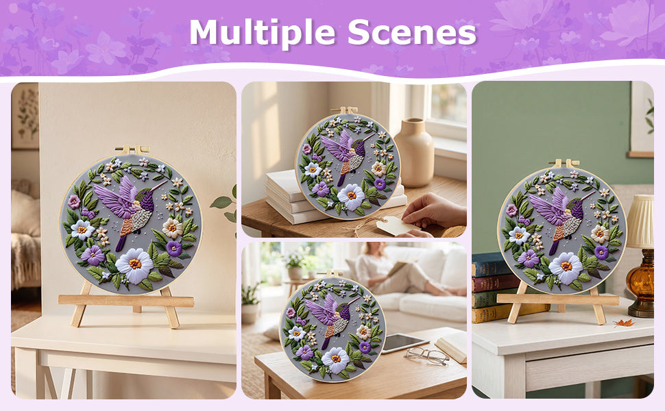 Flowers & Hummingbirds - DIY Embroidery Cross Stitch Kit with Pattern Cotton Threads Needles Hoop 30x30CM/11.81x11.81in