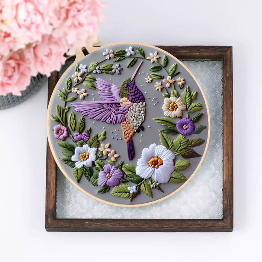 Flowers & Hummingbirds - DIY Embroidery Cross Stitch Kit with Pattern Cotton Threads Needles Hoop 30x30CM/11.81x11.81in