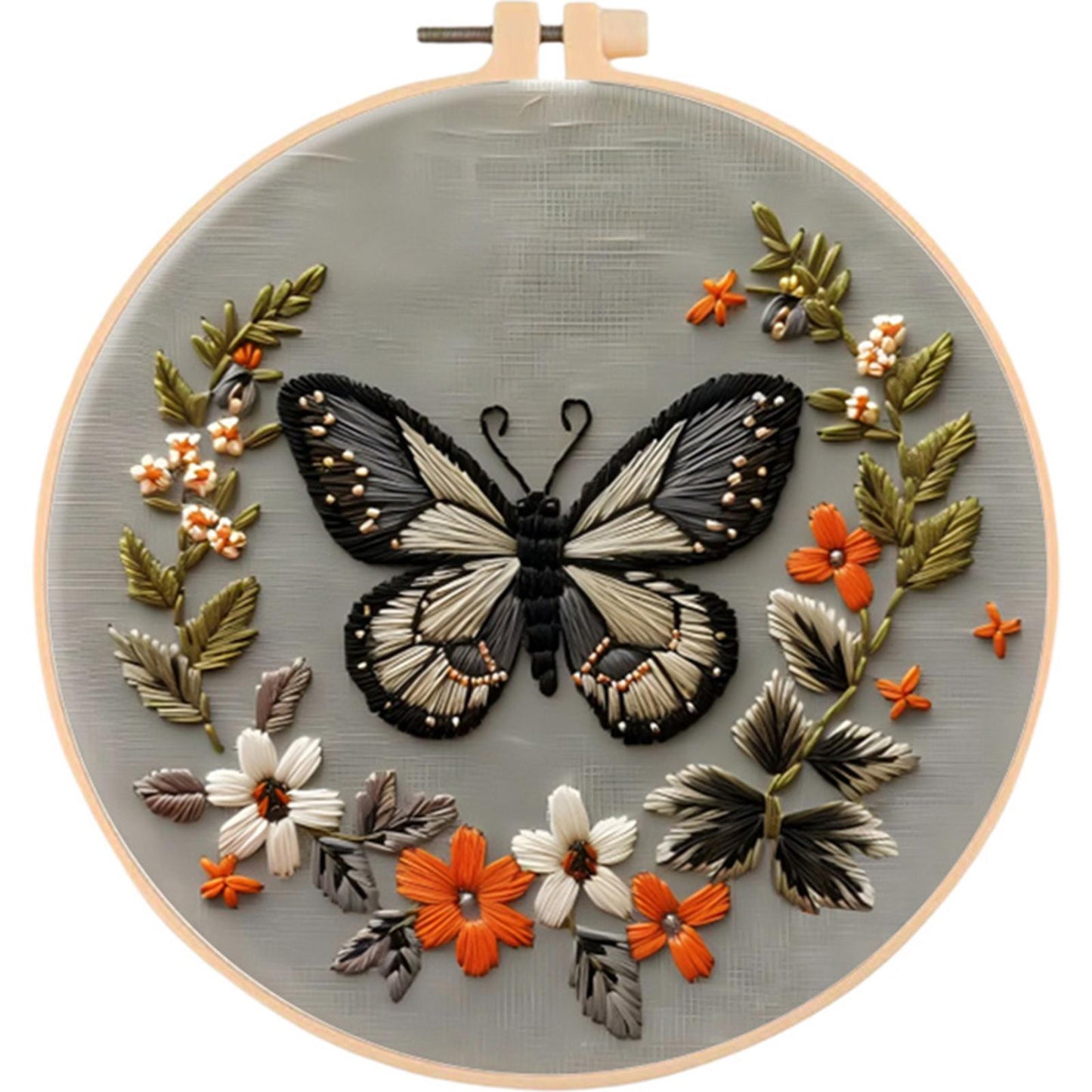 Flowers & Butterflies - DIY Embroidery Cross Stitch Kit with Pattern Cotton Threads Needles Hoop 30x30CM/11.81x11.81in