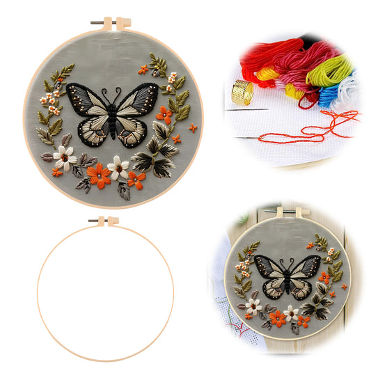 Flowers & Butterflies - DIY Embroidery Cross Stitch Kit with Pattern Cotton Threads Needles Hoop 30x30CM/11.81x11.81in