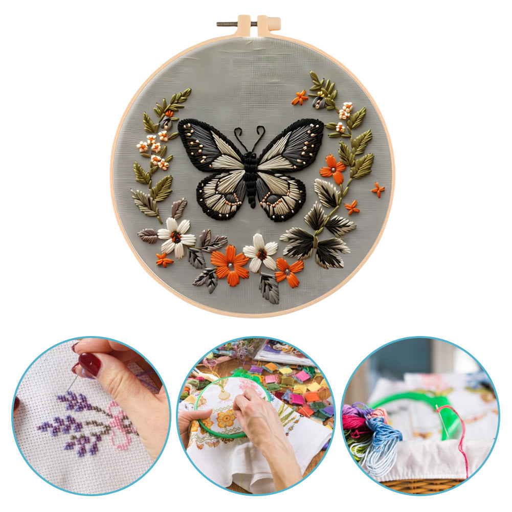 Flowers & Butterflies - DIY Embroidery Cross Stitch Kit with Pattern Cotton Threads Needles Hoop 30x30CM/11.81x11.81in