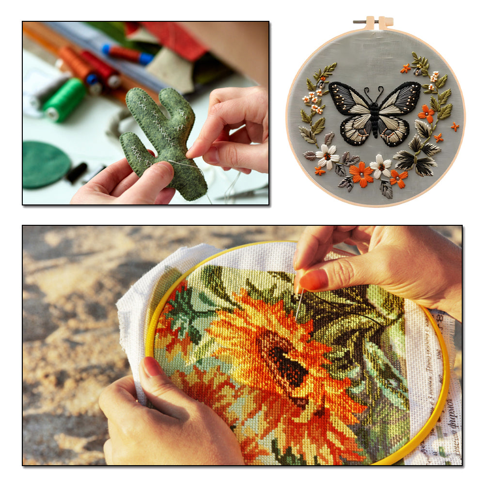 Flowers & Butterflies - DIY Embroidery Cross Stitch Kit with Pattern Cotton Threads Needles Hoop 30x30CM/11.81x11.81in