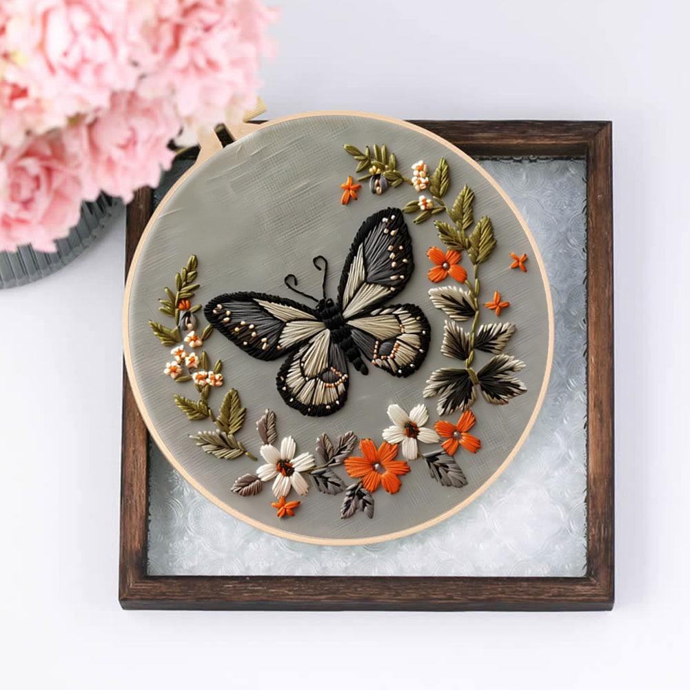 Flowers & Butterflies - DIY Embroidery Cross Stitch Kit with Pattern Cotton Threads Needles Hoop 30x30CM/11.81x11.81in