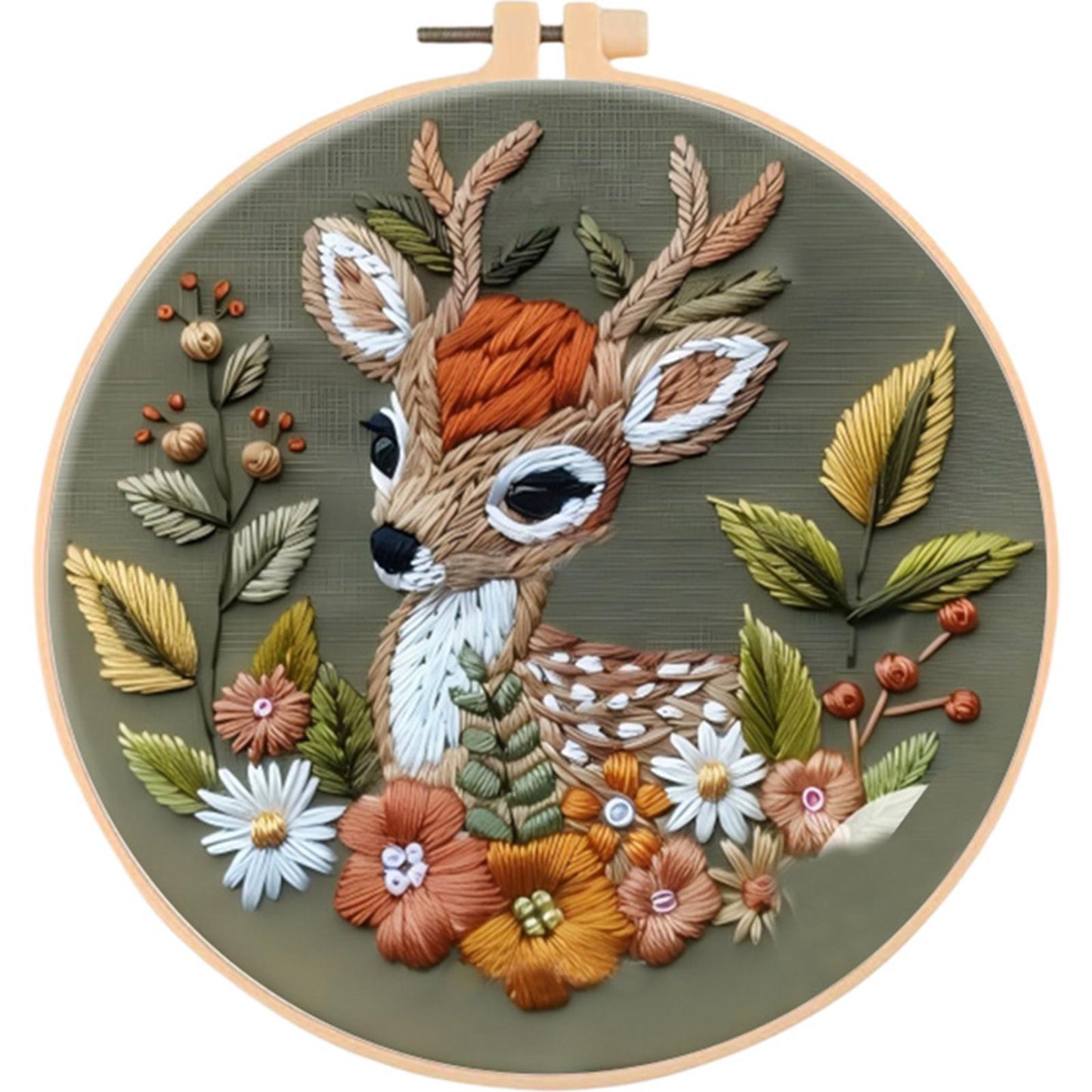 Flowers & Deer - DIY Embroidery Cross Stitch Kit with Pattern Cotton Threads Needles Hoop 30x30CM/11.81x11.81in
