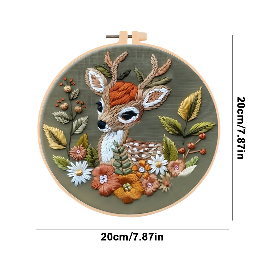 Flowers & Deer - DIY Embroidery Cross Stitch Kit with Pattern Cotton Threads Needles Hoop 30x30CM/11.81x11.81in