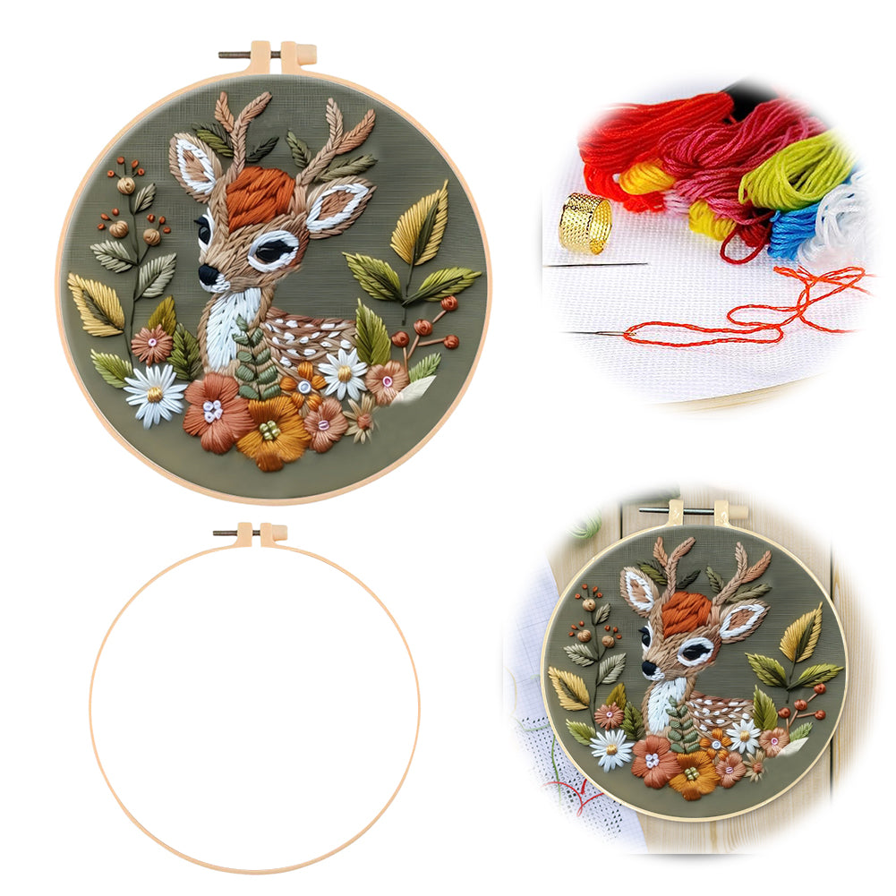 Flowers & Deer - DIY Embroidery Cross Stitch Kit with Pattern Cotton Threads Needles Hoop 30x30CM/11.81x11.81in