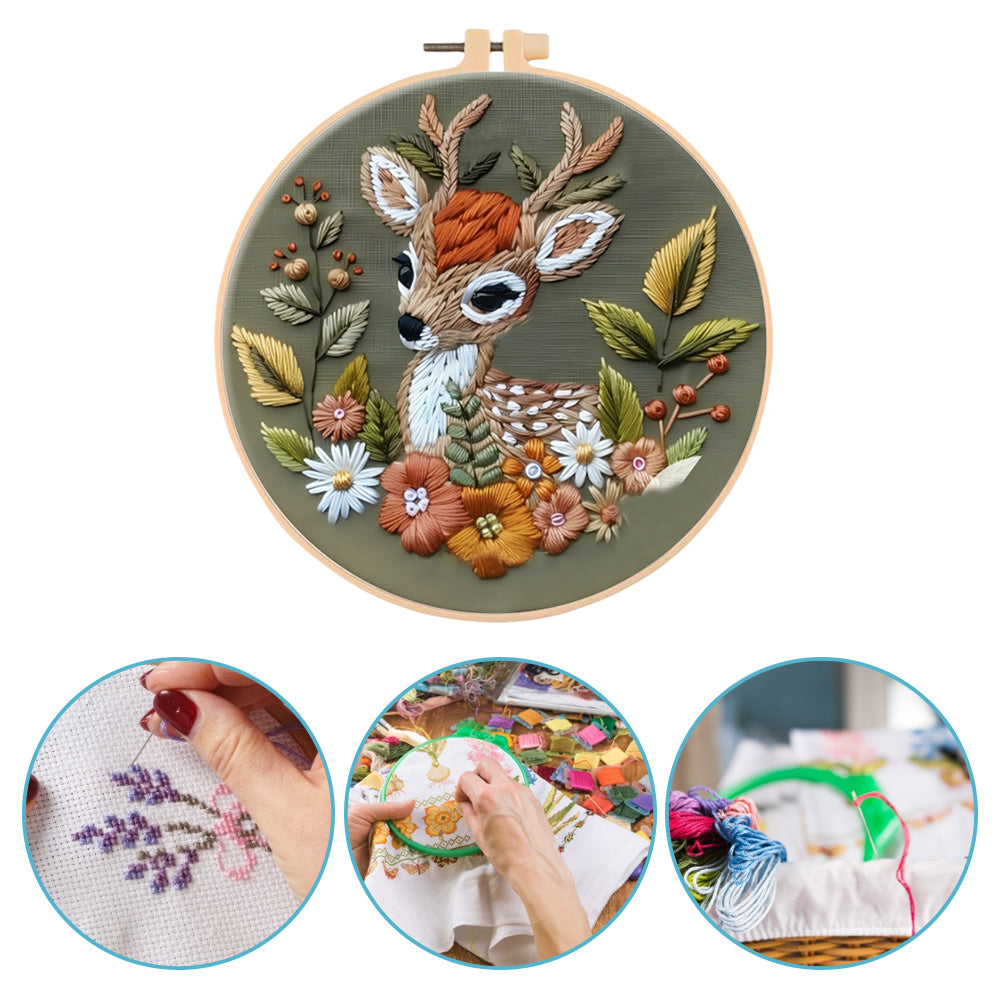 Flowers & Deer - DIY Embroidery Cross Stitch Kit with Pattern Cotton Threads Needles Hoop 30x30CM/11.81x11.81in