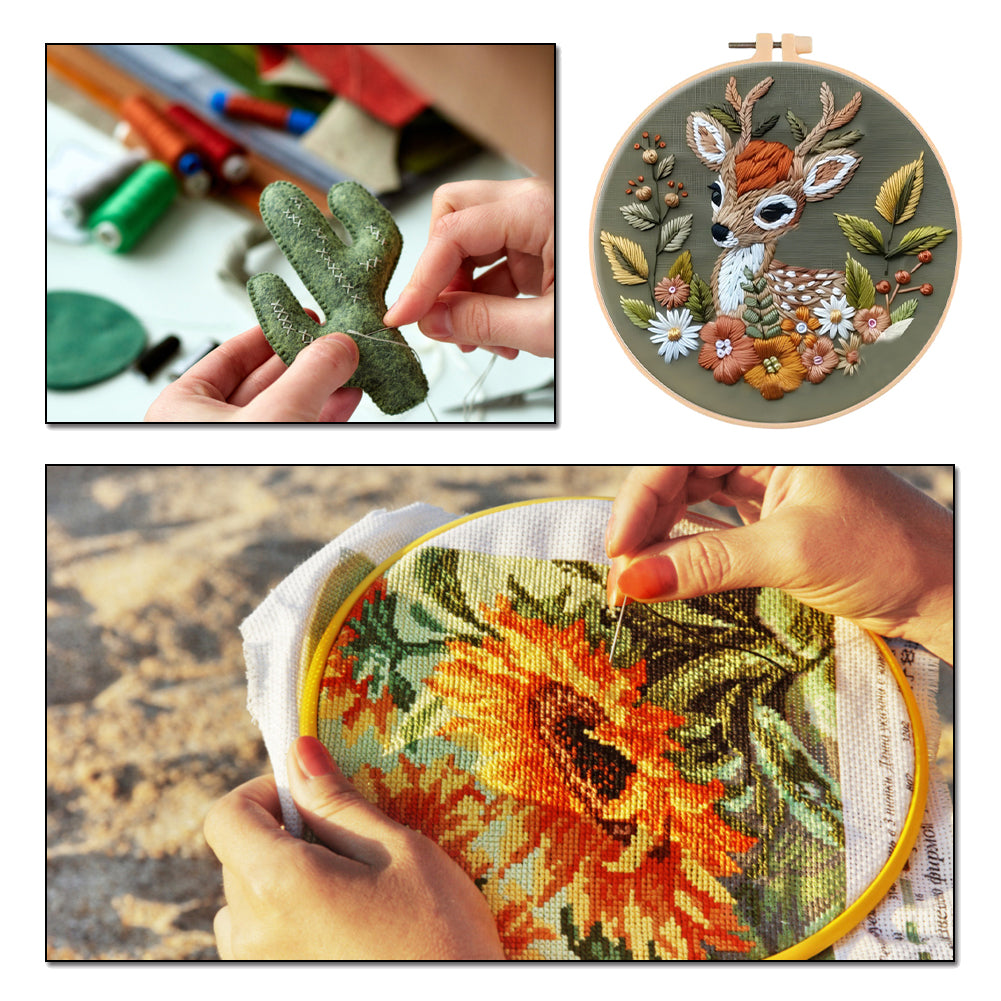 Flowers & Deer - DIY Embroidery Cross Stitch Kit with Pattern Cotton Threads Needles Hoop 30x30CM/11.81x11.81in