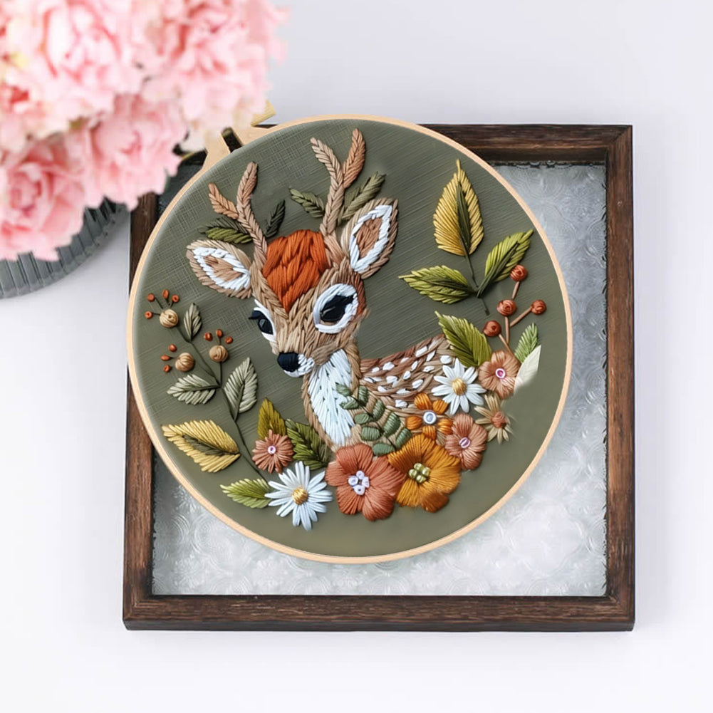 Flowers & Deer - DIY Embroidery Cross Stitch Kit with Pattern Cotton Threads Needles Hoop 30x30CM/11.81x11.81in