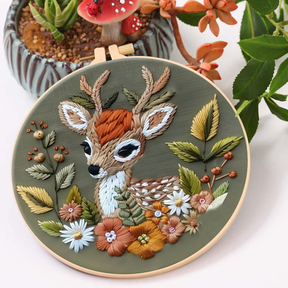 Flowers & Deer - DIY Embroidery Cross Stitch Kit with Pattern Cotton Threads Needles Hoop 30x30CM/11.81x11.81in