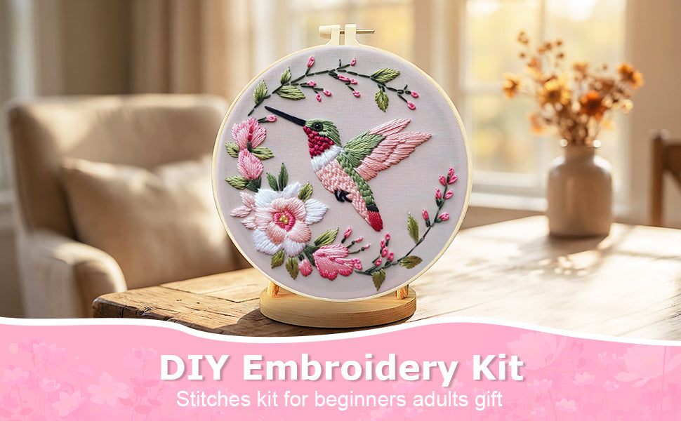 Flowers & Hummingbirds - DIY Embroidery Cross Stitch Kit with Pattern Cotton Threads Needles Hoop 30x30CM/11.81x11.81in