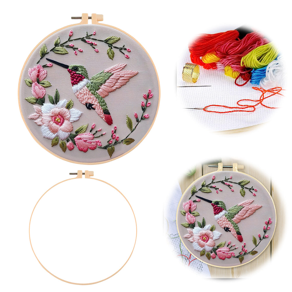Flowers & Hummingbirds - DIY Embroidery Cross Stitch Kit with Pattern Cotton Threads Needles Hoop 30x30CM/11.81x11.81in