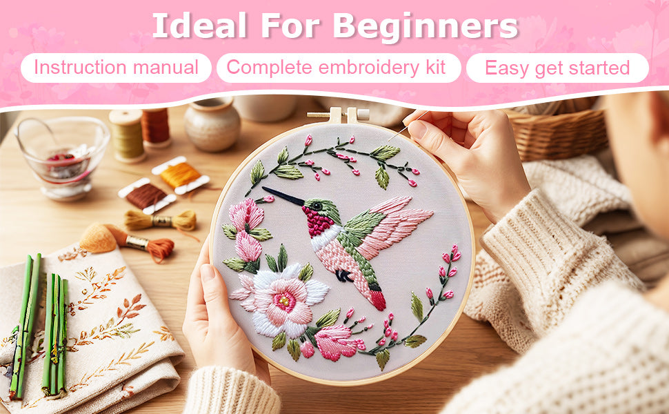 Flowers & Hummingbirds - DIY Embroidery Cross Stitch Kit with Pattern Cotton Threads Needles Hoop 30x30CM/11.81x11.81in