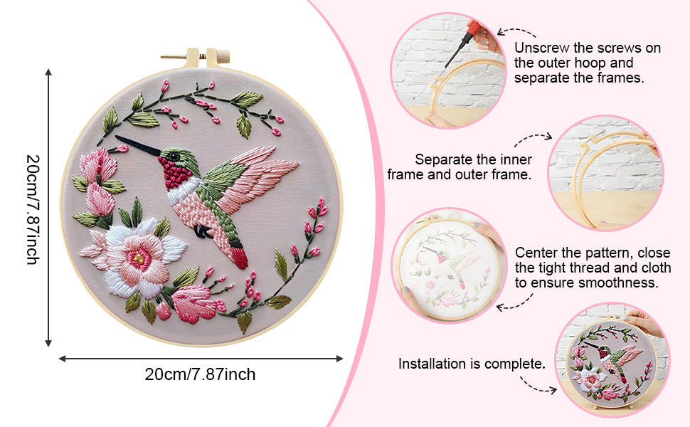 Flowers & Hummingbirds - DIY Embroidery Cross Stitch Kit with Pattern Cotton Threads Needles Hoop 30x30CM/11.81x11.81in