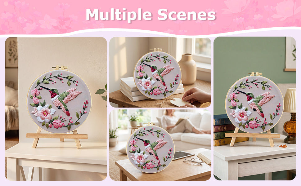Flowers & Hummingbirds - DIY Embroidery Cross Stitch Kit with Pattern Cotton Threads Needles Hoop 30x30CM/11.81x11.81in