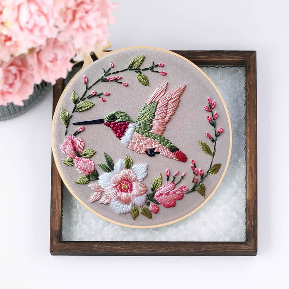 Flowers & Hummingbirds - DIY Embroidery Cross Stitch Kit with Pattern Cotton Threads Needles Hoop 30x30CM/11.81x11.81in