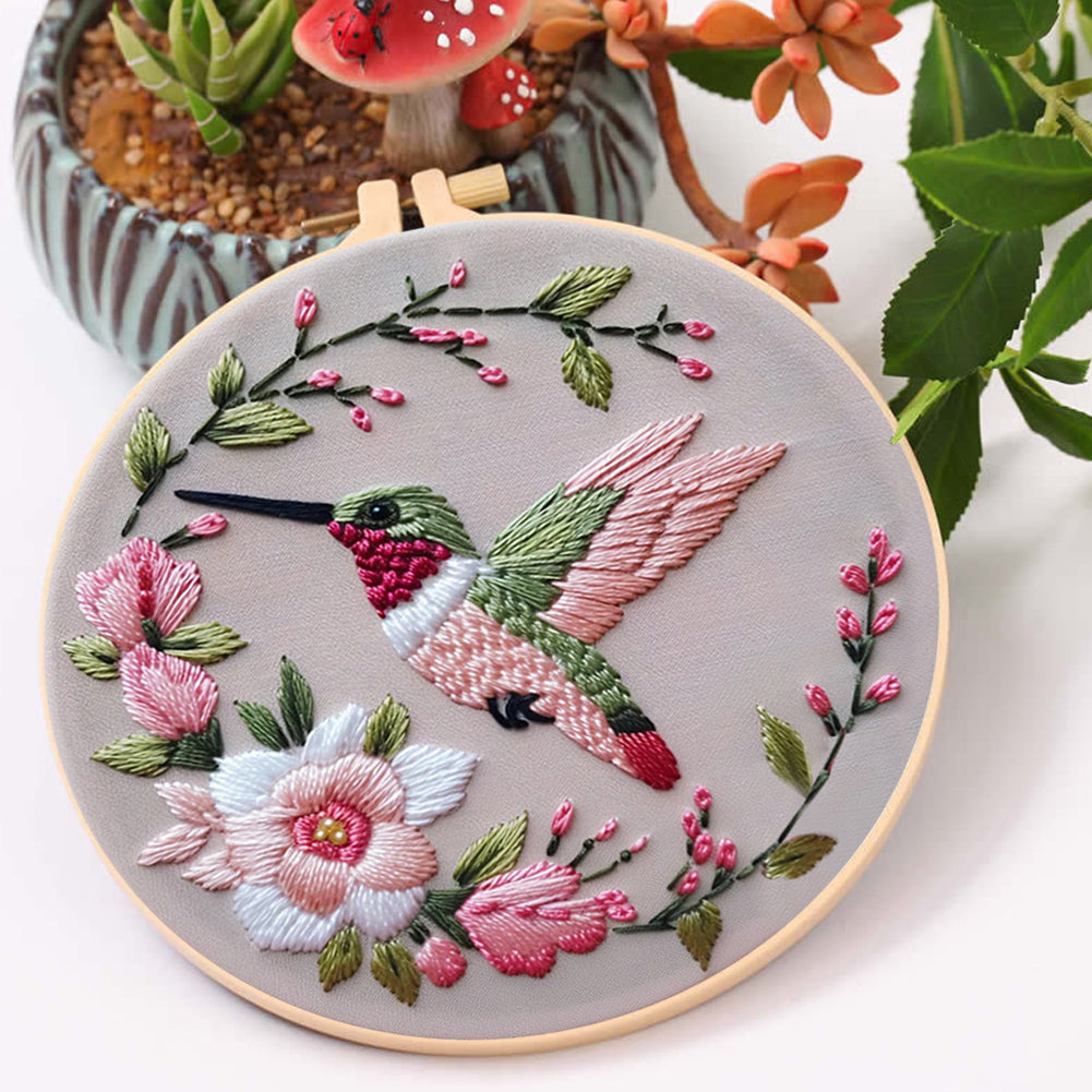 Flowers & Hummingbirds - DIY Embroidery Cross Stitch Kit with Pattern Cotton Threads Needles Hoop 30x30CM/11.81x11.81in