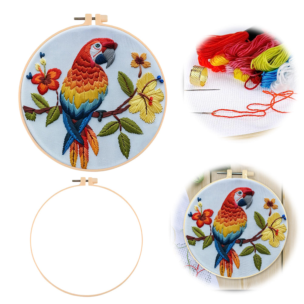 Flowers & Parrots - DIY Embroidery Cross Stitch Kit with Pattern Cotton Threads Needles Hoop 30x30CM/11.81x11.81in