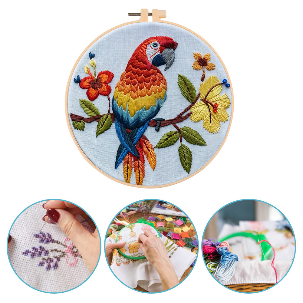Flowers & Parrots - DIY Embroidery Cross Stitch Kit with Pattern Cotton Threads Needles Hoop 30x30CM/11.81x11.81in