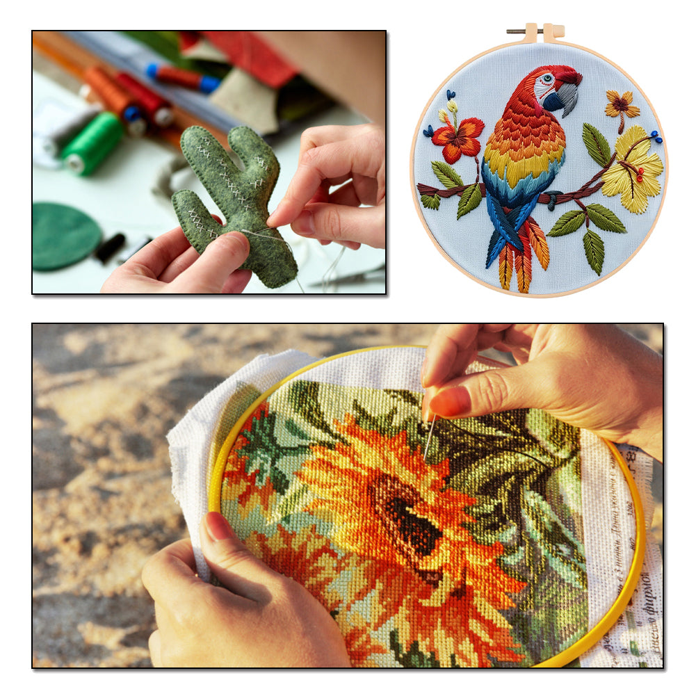 Flowers & Parrots - DIY Embroidery Cross Stitch Kit with Pattern Cotton Threads Needles Hoop 30x30CM/11.81x11.81in