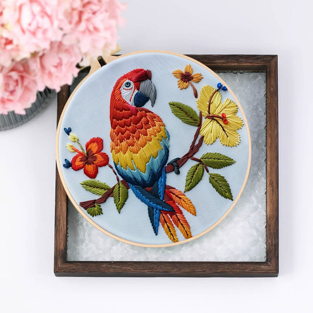 Flowers & Parrots - DIY Embroidery Cross Stitch Kit with Pattern Cotton Threads Needles Hoop 30x30CM/11.81x11.81in