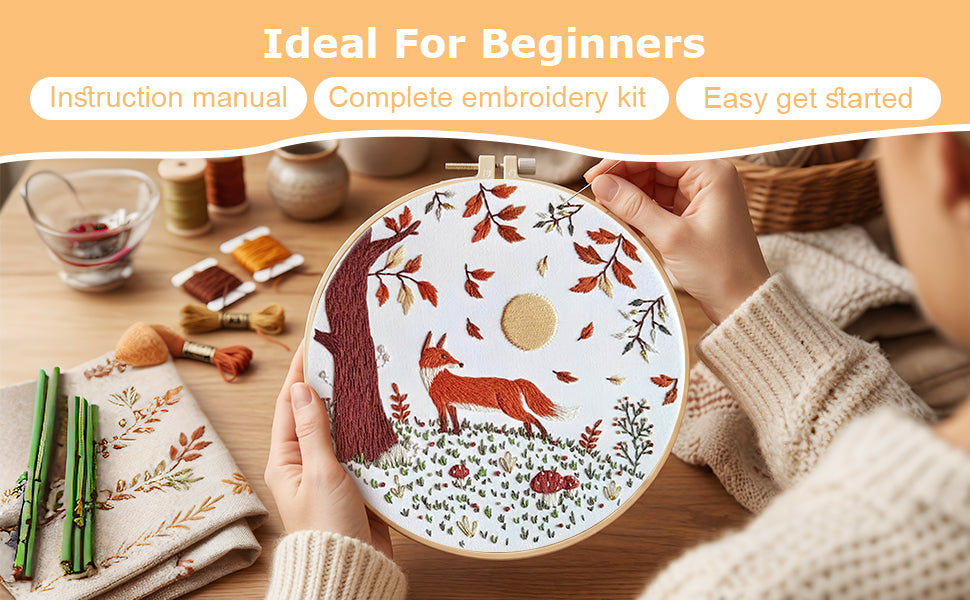 Fox - DIY Embroidery Cross Stitch Kit with Pattern Cotton Threads Needles Hoop 30x30CM/11.81x11.81in