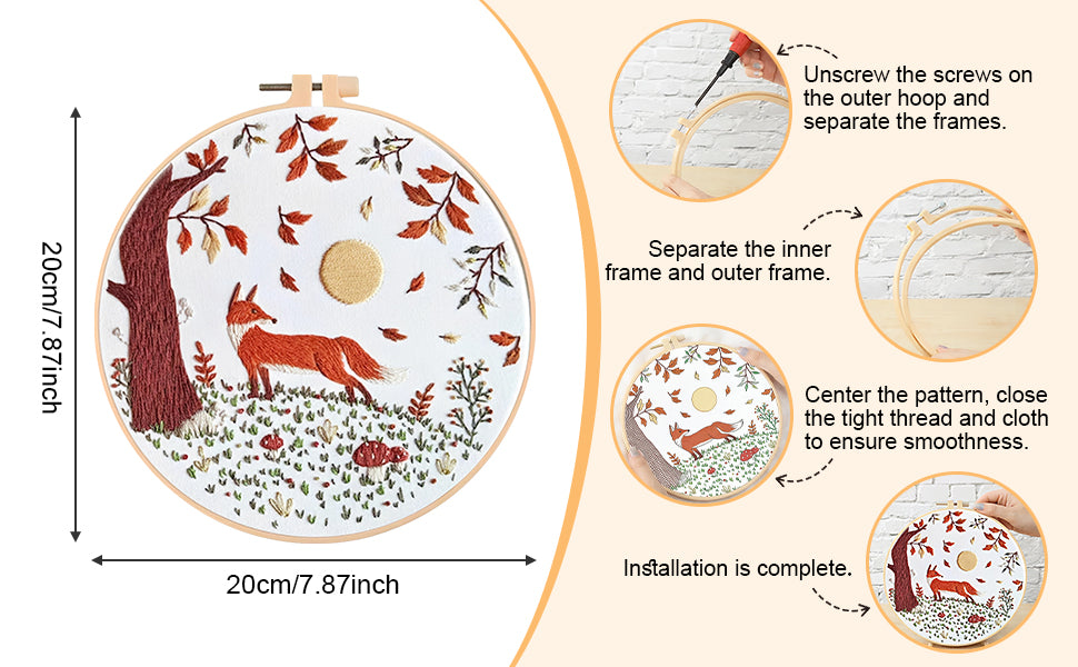 Fox - DIY Embroidery Cross Stitch Kit with Pattern Cotton Threads Needles Hoop 30x30CM/11.81x11.81in