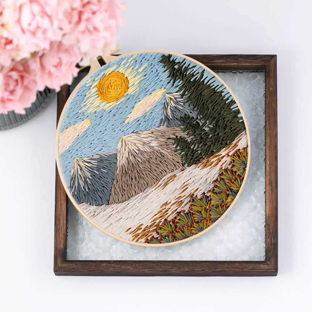 Mountain Scenery - DIY Embroidery Cross Stitch Kit with Pattern Cotton Threads Needles Hoop 30x30CM/11.81x11.81in
