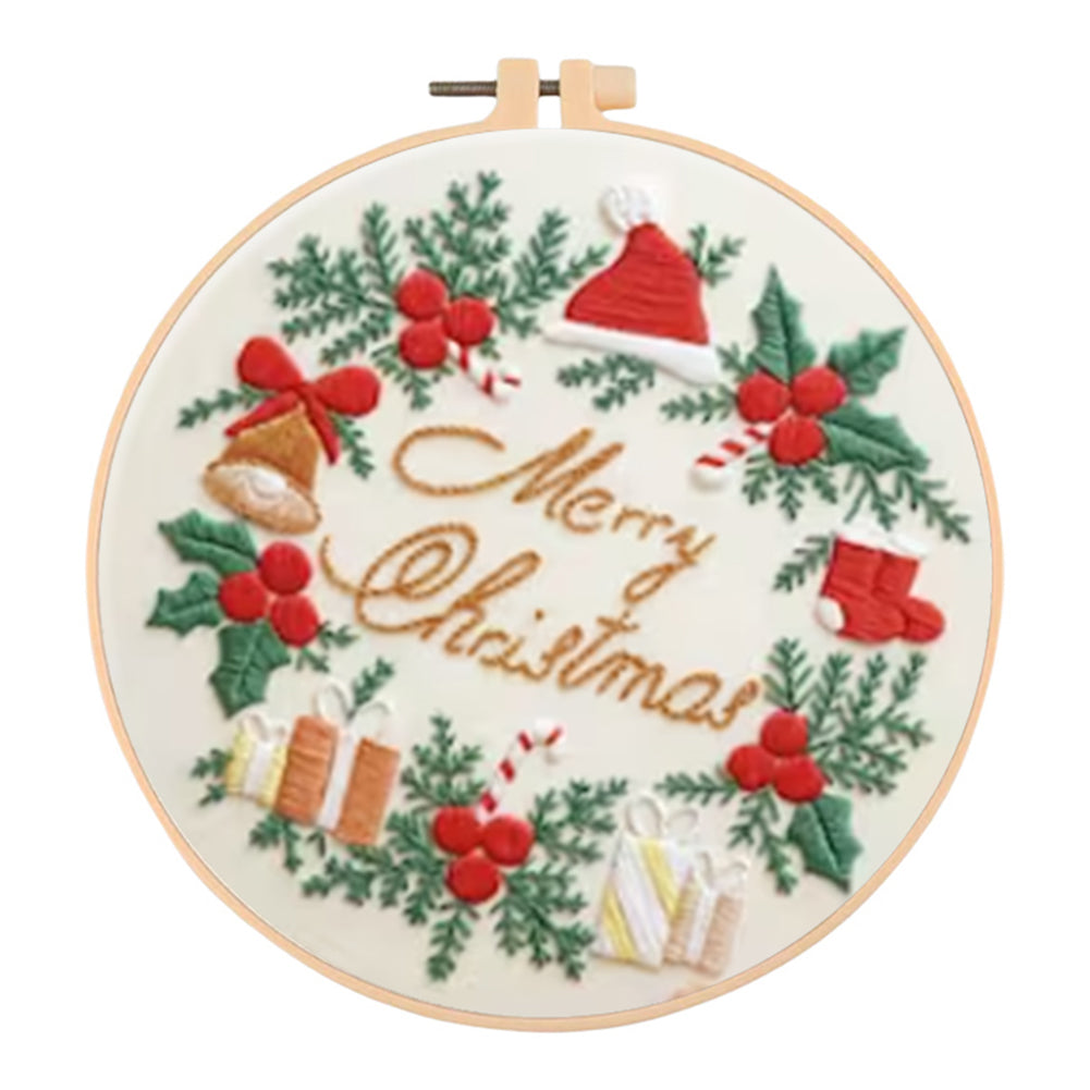 Christmas Wreath - DIY Embroidery Cross Stitch Kit with Pattern Cotton Threads Needles Hoop 30x30CM/11.81x11.81in