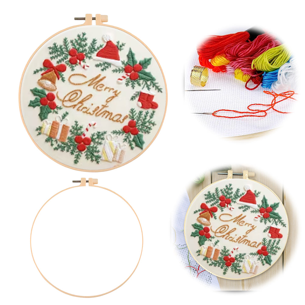 Christmas Wreath - DIY Embroidery Cross Stitch Kit with Pattern Cotton Threads Needles Hoop 30x30CM/11.81x11.81in