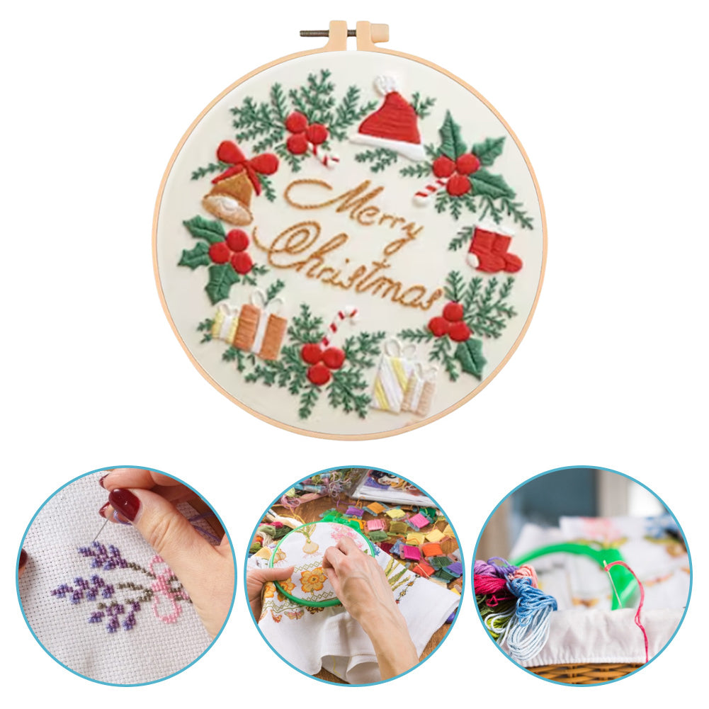 Christmas Wreath - DIY Embroidery Cross Stitch Kit with Pattern Cotton Threads Needles Hoop 30x30CM/11.81x11.81in