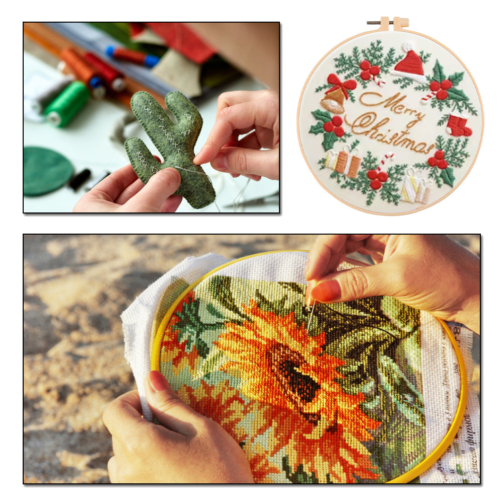 Christmas Wreath - DIY Embroidery Cross Stitch Kit with Pattern Cotton Threads Needles Hoop 30x30CM/11.81x11.81in