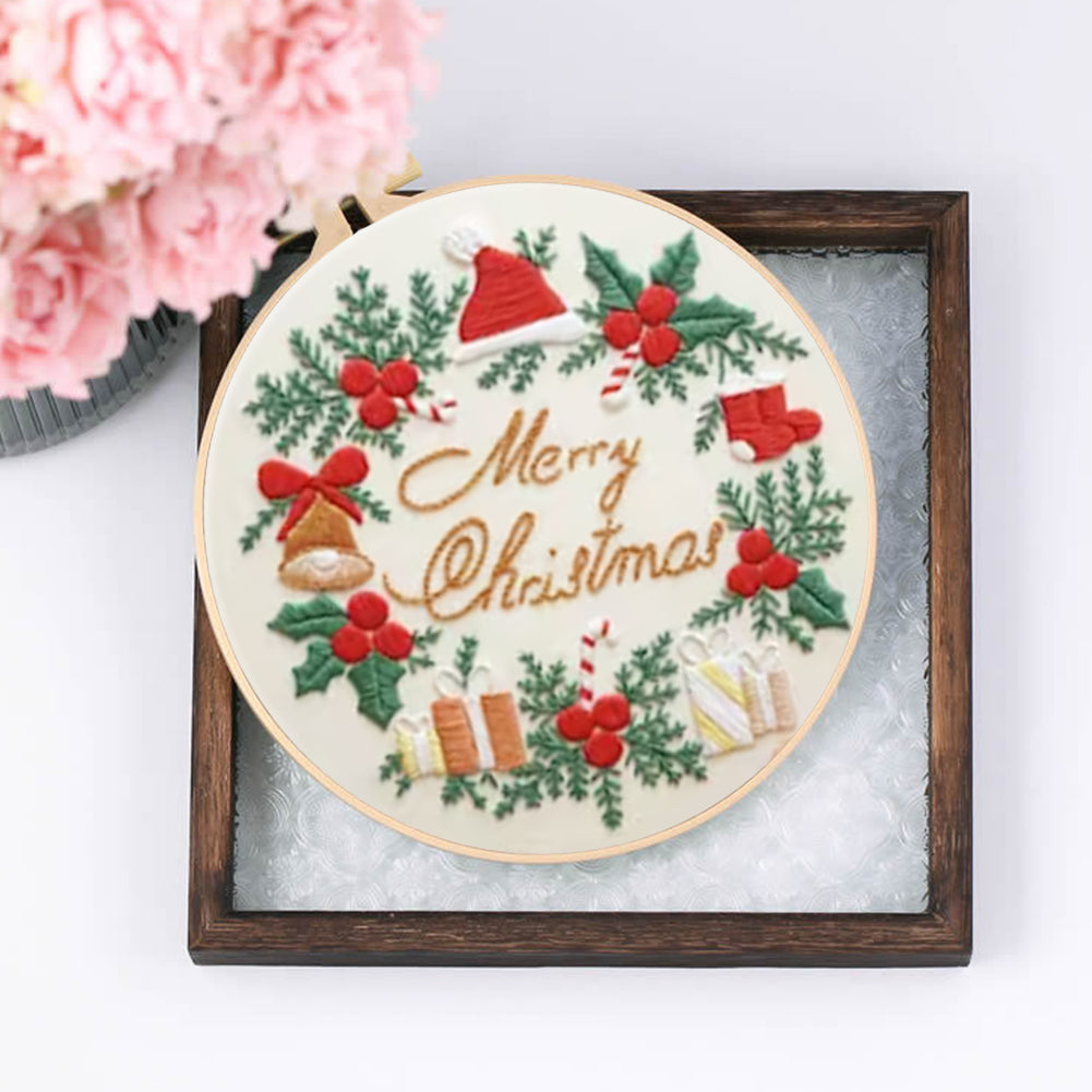 Christmas Wreath - DIY Embroidery Cross Stitch Kit with Pattern Cotton Threads Needles Hoop 30x30CM/11.81x11.81in