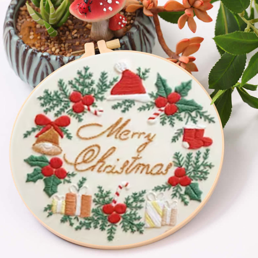 Christmas Wreath - DIY Embroidery Cross Stitch Kit with Pattern Cotton Threads Needles Hoop 30x30CM/11.81x11.81in