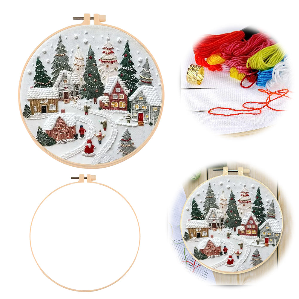 Christmas Cottage - DIY Embroidery Cross Stitch Kit with Pattern Cotton Threads Needles Hoop 30x30CM/11.81x11.81in