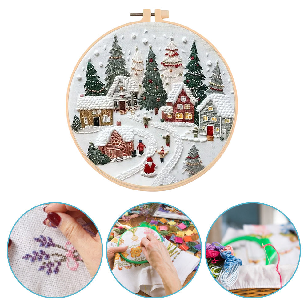Christmas Cottage - DIY Embroidery Cross Stitch Kit with Pattern Cotton Threads Needles Hoop 30x30CM/11.81x11.81in