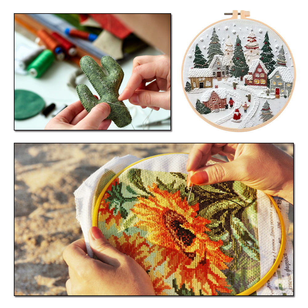 Christmas Cottage - DIY Embroidery Cross Stitch Kit with Pattern Cotton Threads Needles Hoop 30x30CM/11.81x11.81in