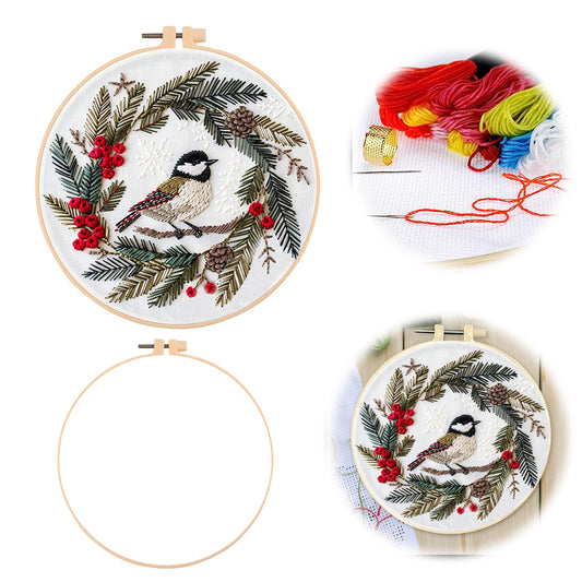 Christmas Bird - DIY Embroidery Cross Stitch Kit with Pattern Cotton Threads Needles Hoop 30x30CM/11.81x11.81in