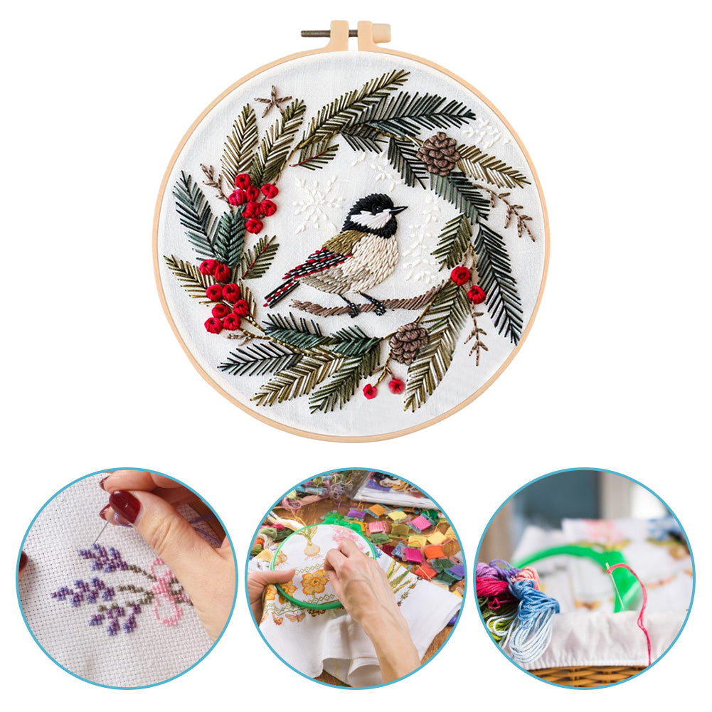 Christmas Bird - DIY Embroidery Cross Stitch Kit with Pattern Cotton Threads Needles Hoop 30x30CM/11.81x11.81in