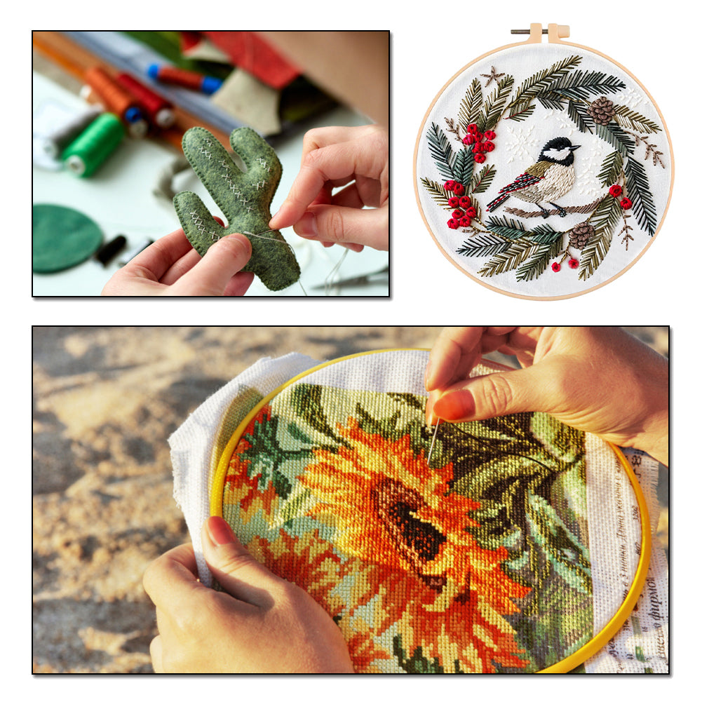 Christmas Bird - DIY Embroidery Cross Stitch Kit with Pattern Cotton Threads Needles Hoop 30x30CM/11.81x11.81in
