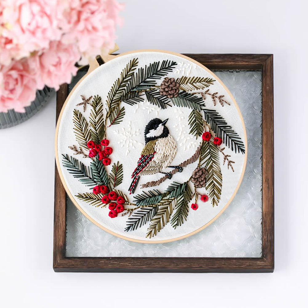 Christmas Bird - DIY Embroidery Cross Stitch Kit with Pattern Cotton Threads Needles Hoop 30x30CM/11.81x11.81in
