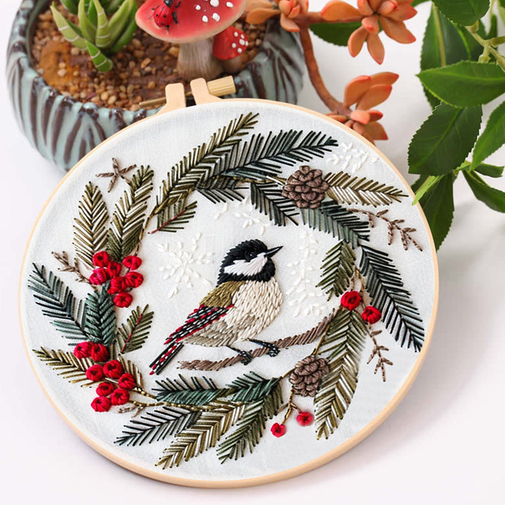 Christmas Bird - DIY Embroidery Cross Stitch Kit with Pattern Cotton Threads Needles Hoop 30x30CM/11.81x11.81in