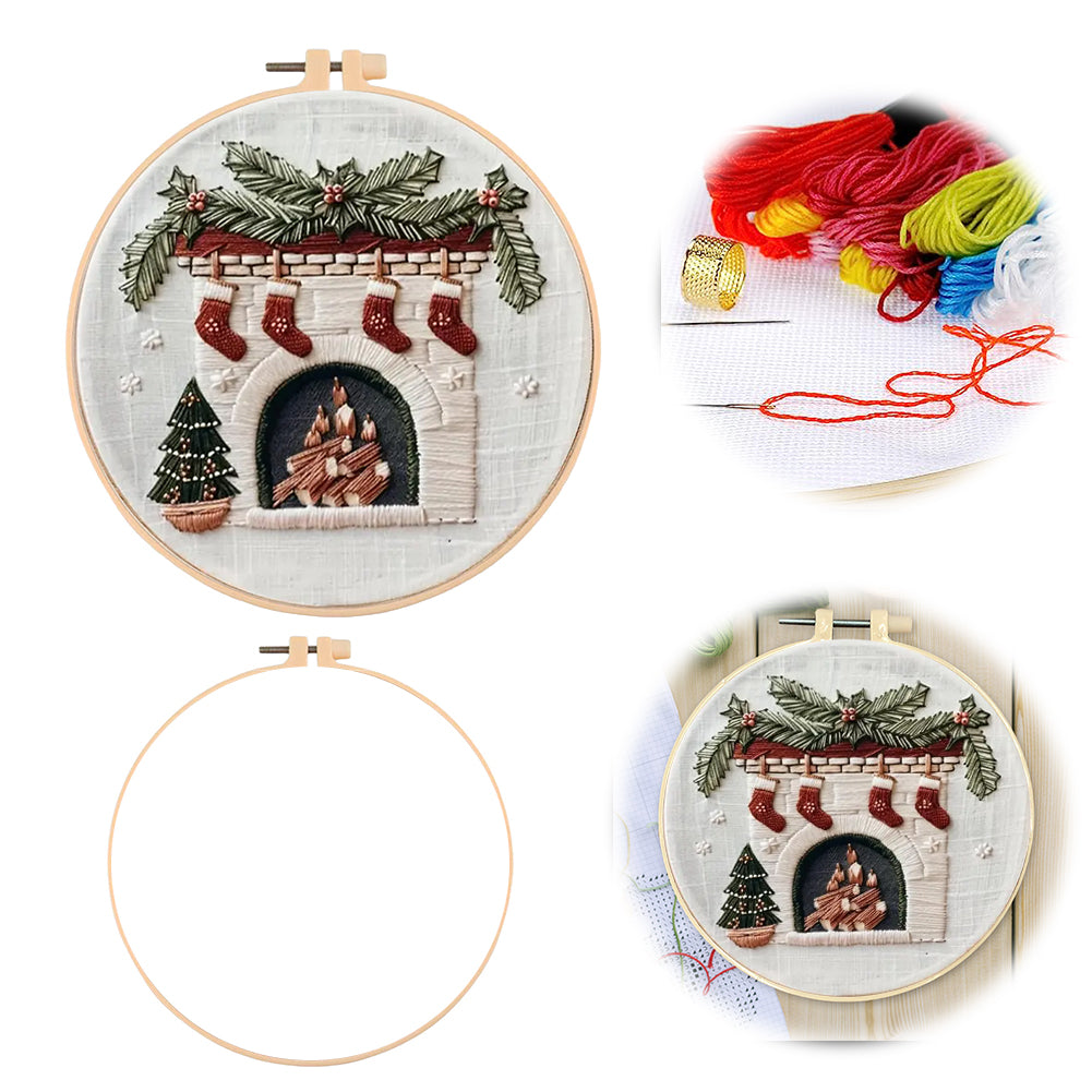 Christmas Fireplace - DIY Embroidery Cross Stitch Kit with Pattern Cotton Threads Needles Hoop 30x30CM/11.81x11.81in