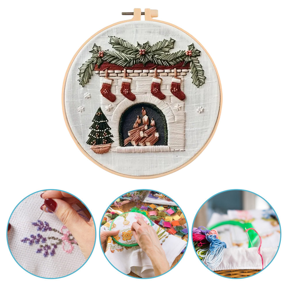 Christmas Fireplace - DIY Embroidery Cross Stitch Kit with Pattern Cotton Threads Needles Hoop 30x30CM/11.81x11.81in